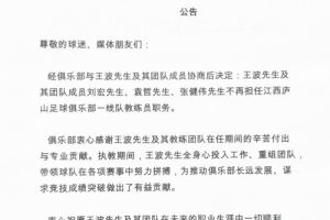 公告：王波先生及其团队成员不再担任江西庐山一线队教练员职务