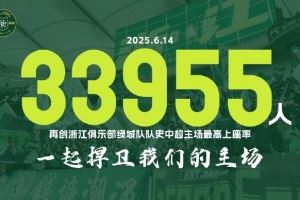浙江队官方：到场观众33955人，再次创造队史中超主场最高上座率